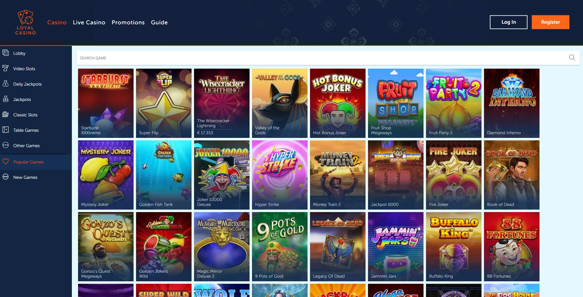 Loyal Casino mobiele app interface